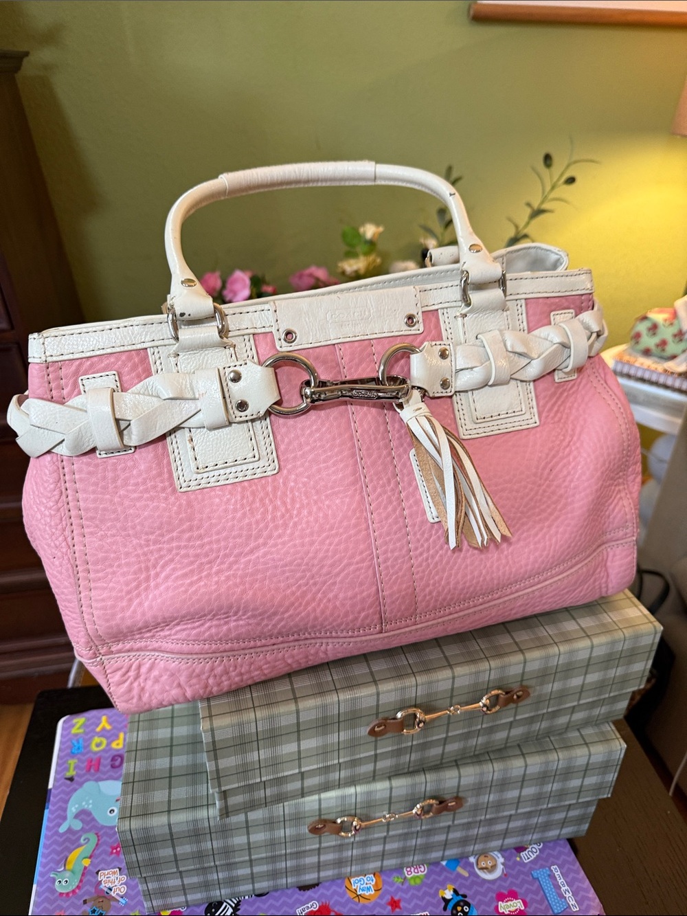 Coach Pink and White vintage Leather Satchel with Tassel Soft Collection